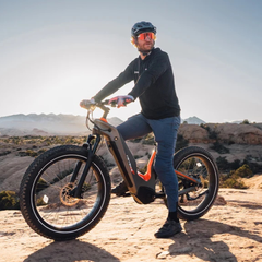 Rider standing with the Heybike Hero electric bike in a desert landscape.