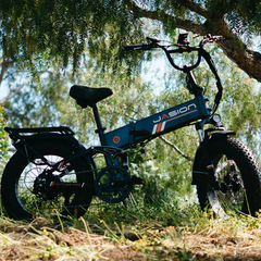 Jasion Hunter Pro folding electric fat tire bike parked on an outdoor trail