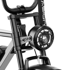 Jasion RetroVolt Pro round LED headlight and front suspension close-up