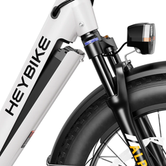 Close-up of the white Alpha frame and front suspension fork.