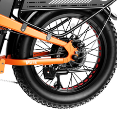 Close-up of the Mars 2.0 rear wheel, hub motor, fender, and rack.