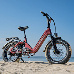 Red Heybike Ranger 3.0 Pro parked on a beach