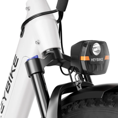 Close-up of the Heybike Alpha front headlight and suspension fork.
