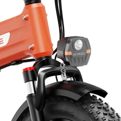 Close-up of the Mars 3.0 front suspension fork and headlight.