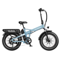 Light blue Heybike Mars 2.0 folding electric bike shown from the side.