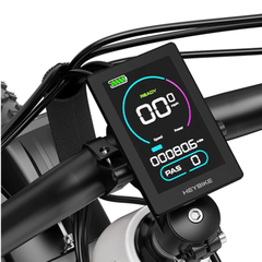 Close-up of the Heybike Alpha color display showing riding information.