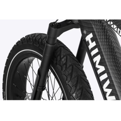 Himiway D7 / Full Suspension Electric Hunting Bike close-up showing front suspension fork and tire detail