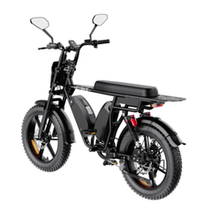 Rear three-quarter view of the Heybike Saturn with mirrors and extended saddle.