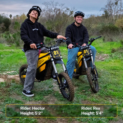 Two riders standing beside Classic yellow Heybike Villain electric dirt bikes.