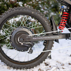 FreeGo X3 Pro All-Terrain Electric Dirt Bike rear motor and wheel detail