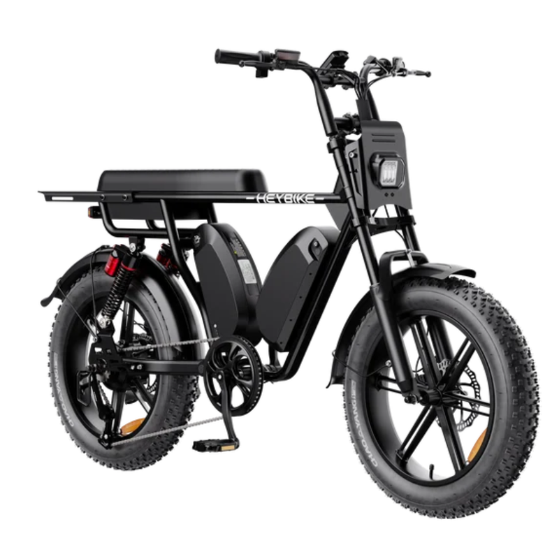 Front three-quarter view of the black Heybike Saturn dual-battery electric bike.