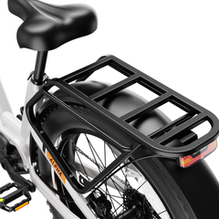 Close-up of the Alpha saddle, rear rack, fender, and integrated taillight.
