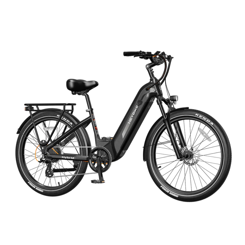 Black Heybike Hybrid step-through electric bike shown from the side.