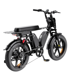 Rear three-quarter view of the black Heybike Saturn dual-battery electric bike.