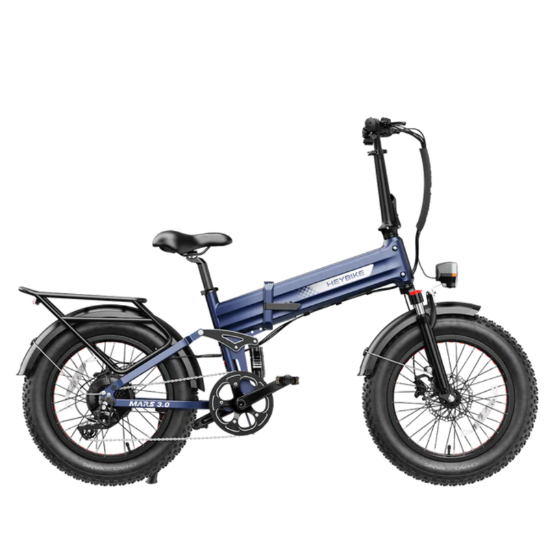 Blue Heybike Mars 3.0 folding electric bike shown from the side.
