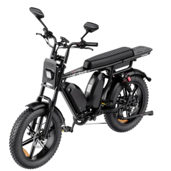 Angled front view of the black Heybike Saturn with headlight and fat tires.