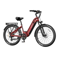 Red Heybike Hybrid step-through electric bike shown from the side.