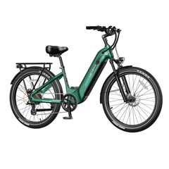 Green Heybike Hybrid step-through electric bike shown at an angle.