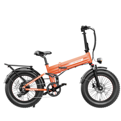 Orange Heybike Mars 3.0 folding electric bike with rear rack and fat tires.
