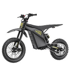 Front three-quarter view of the Midnight Black Heybike Villain electric dirt bike.