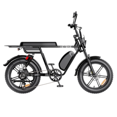 Side view of the black Heybike Saturn with extended saddle and rear rack.