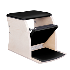 Front view of Legacy Pilates Apparatus Maple Pilates Wunda Chair with black padded seat and pedal