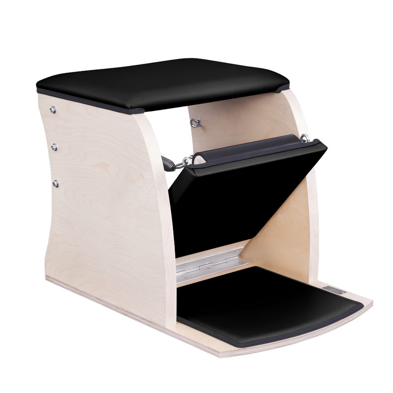 Front view of Legacy Pilates Apparatus Maple Pilates Wunda Chair with black padded seat and pedal