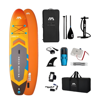 Aqua Marina AMgo Turbo 366 with BlueDrive S Power Fin Set paddle board with paddle, pump, carry bag, power fin, and accessories