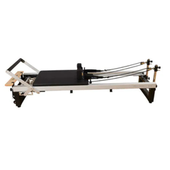 Align-Pilates A8 Pro Reformer (42cm/Standard legs) side view showing full reformer frame, carriage, footbar, and rope system