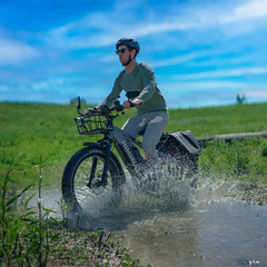 Himiway D5 (Zebra) electric bike in use through water on outdoor trail
