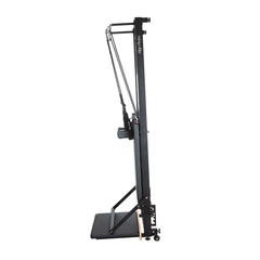Align-Pilates R8-Pro Light Commercial Reformer Black upright view showing vertical storage position and frame details