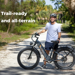 Man riding the Jasion Thunder electric bike on a wooded trail, with text overlay reading Trail-ready and all-terrain