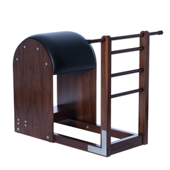 Rear angled view of Legacy Pilates Apparatus Walnut Pilates Ladder (High) Barrel