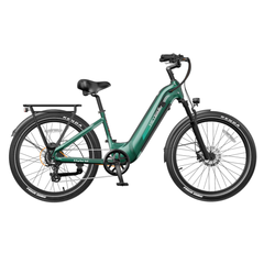 Green Heybike Hybrid step-through electric bike shown from the side.