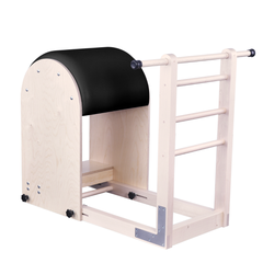 Rear angled view of Legacy Pilates Apparatus Maple Pilates Ladder (High) Barrel