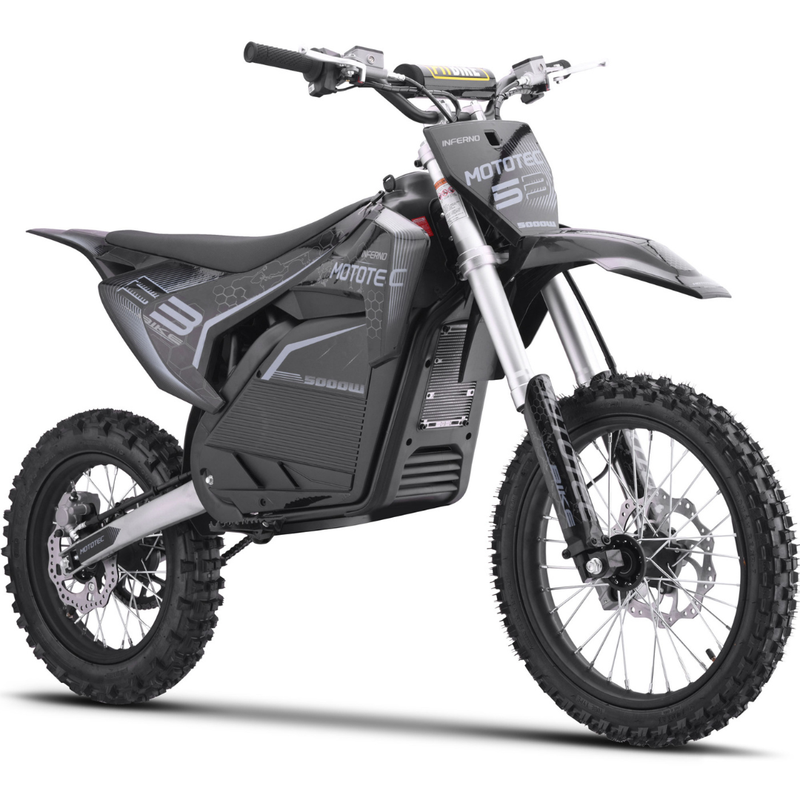 MotoTec 72V Pro 5000W Electric Dirt Bike front three-quarter view in Grey