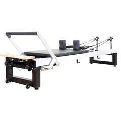 Align-Pilates A8-Pro Reformer Short 28cm Legs angled view showing reformer frame, carriage, shoulder rests, footbar, and rope system