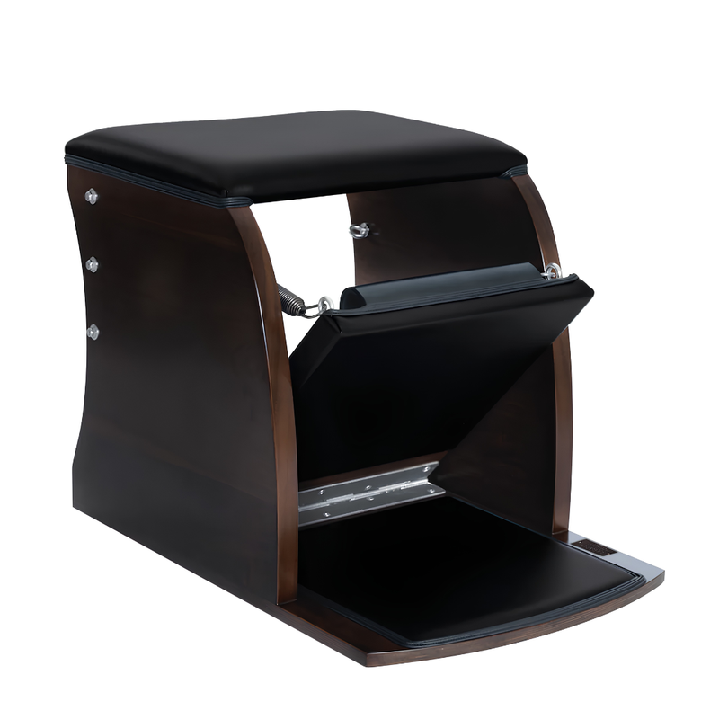 Front view of Legacy Pilates Apparatus Walnut Pilates Wunda Chair with black padded seat and pedal