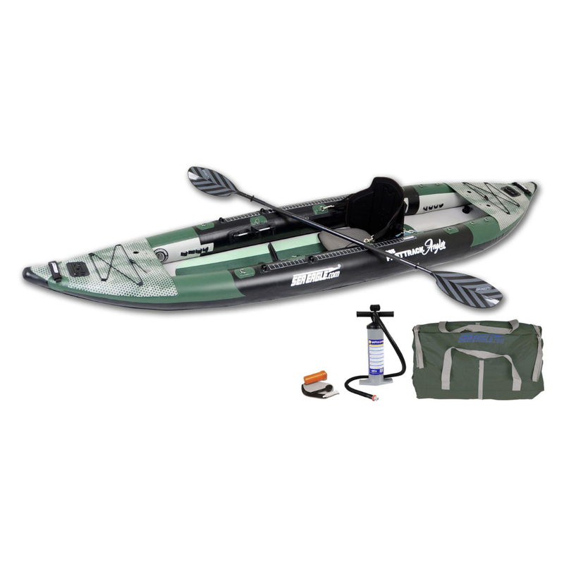 Sea Eagle 385fta FastTrack Angler inflatable kayak with paddle, pump, and carry bag