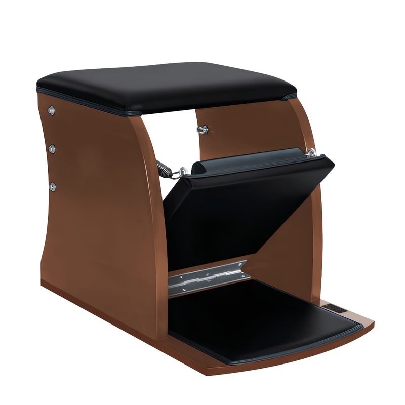 Front view of Legacy Pilates Apparatus Teak Pilates Wunda Chair with black padded seat and pedal