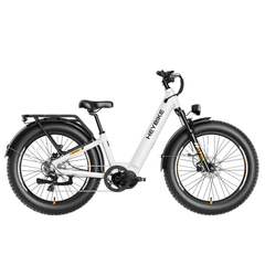 White Heybike Alpha step-through electric bike shown from the side.