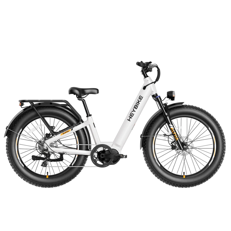 White Heybike Alpha step-through electric bike shown from the side.