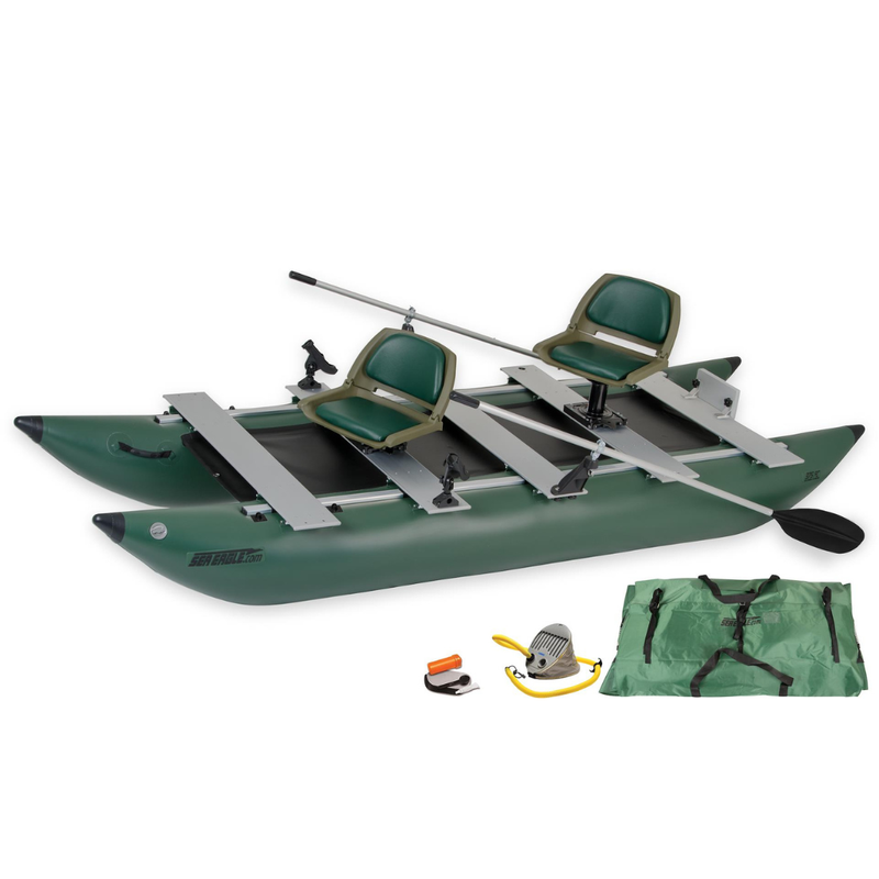 Sea Eagle 375fc FoldCat – Green Fold Cat Dlx Pkg inflatable pontoon boat with seats, pump, and carry bag