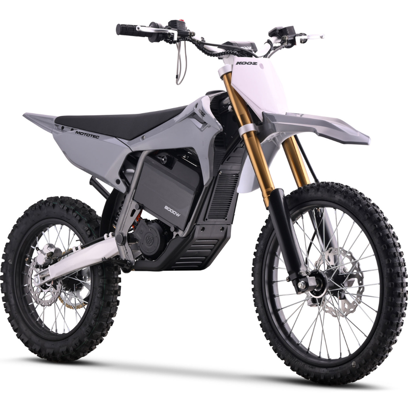 MotoTec 72V 8000W Pro Electric Dirt Bike 19/16 front three-quarter view in Grey