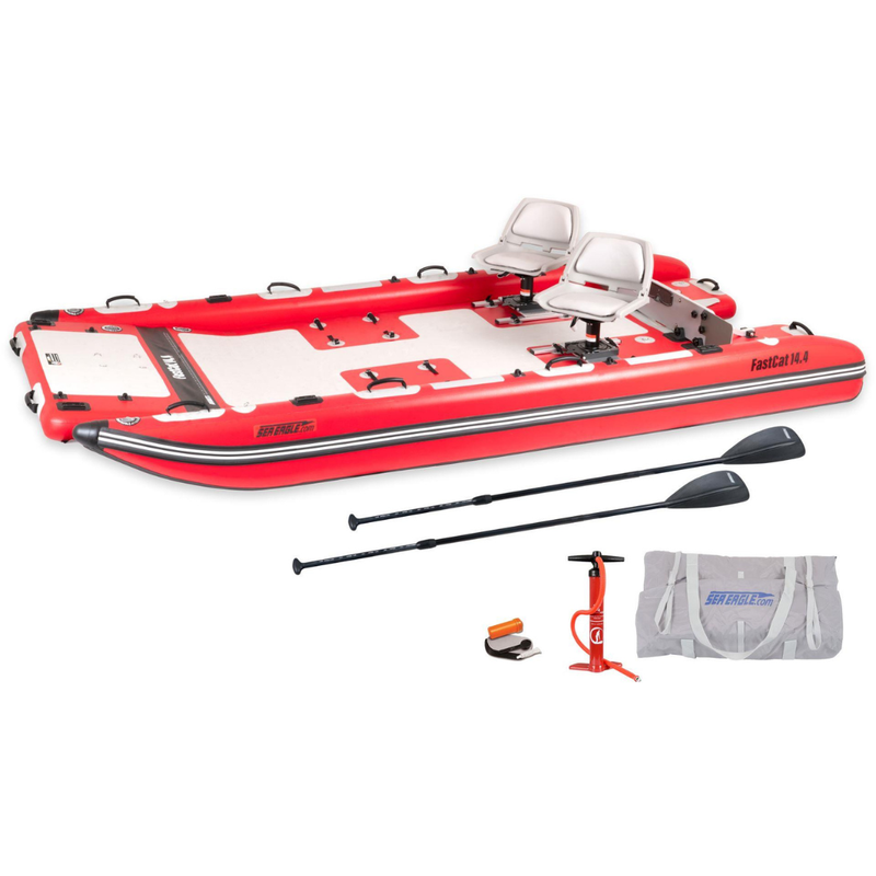 Sea Eagle FastCat14 Catamaran – Deluxe 2 Person Package with seats, paddle, pump, and carry bag