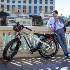 Himiway D5 Pro electric bike with rider standing outdoors in urban setting