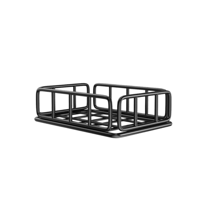 Foldable Rear Cargo Rack For Electric Bike – black metal rear cargo basket angled view