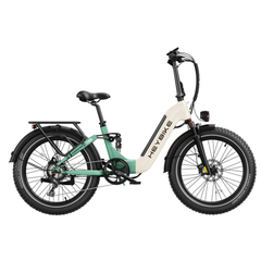 Green and white Heybike Horizon folding electric bike shown from the side.