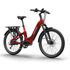 Himiway A7 electric bike front angled view in Red with rear rack and step-through frame