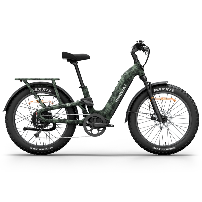 Himiway D5 2.0 Camo electric bike side view with camouflage frame, rear rack, and fat tires